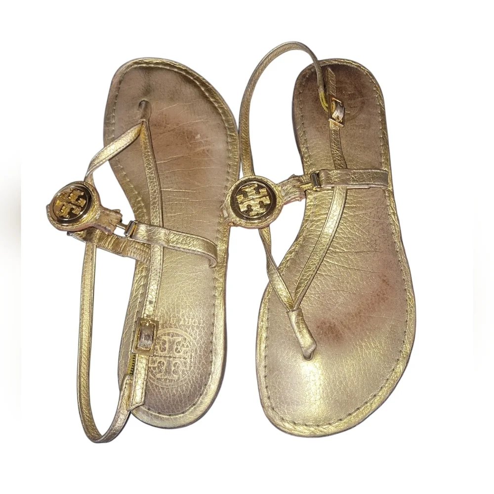 Tory Burch Women's Equestrain Gold Metallic Sumner Thong Flat Leather Sandals 7